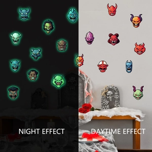 Luminous Halloween wall stickers showing contrast between daytime and night green glow effect