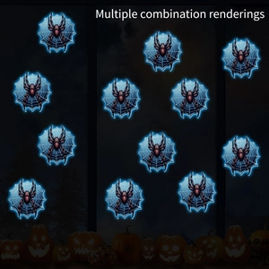 Luminous Halloween spider web window stickers with glowing visual effect and pumpkins