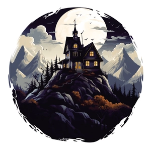 Gothic castle wall decal with a large moon and snowy mountain in a purple night scene