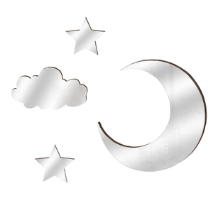 Detailed view of moon, cloud and stars acrylic mirror wall stickers on plain white background