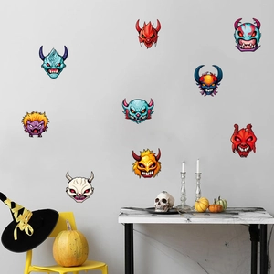 Detailed view of ten colorful cartoon monster wall stickers for Halloween room decor