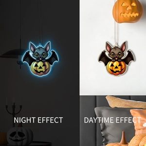 Luminous Halloween pumpkin and bat hanging sign showing daytime and night glow effects