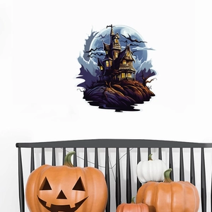 Halloween wall sticker featuring a spooky castle with glowing windows and flying bats
