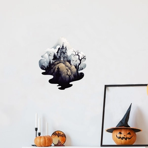 Halloween wall sticker with spooky castle and bats for holiday home wall decoration