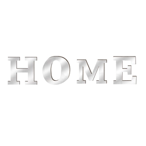 Detail of silver acrylic mirror wall stickers featuring polished HOME letters for decor