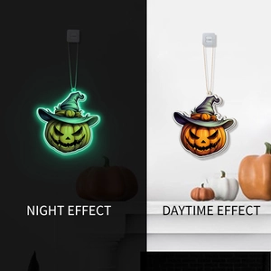 Luminous Halloween pumpkin pendant showing glowing night effect and daytime view