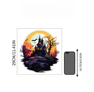 Detailed view of Halloween castle wall sticker size 29cm compared to a mobile phone