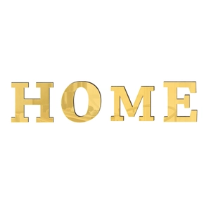 Detailed macro view of golden mirror HOME wall stickers with reflective surface and thick edges