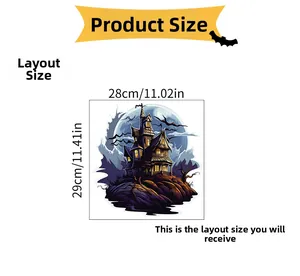 Detailed dimension sheet for Halloween castle wall decal measuring 28cm width by 29cm height