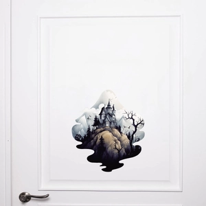 Gothic castle wall sticker with snow mountains and dry trees on a white door