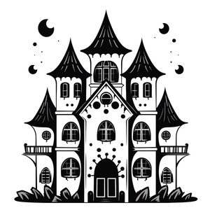 Gothic Halloween dark castle silhouette wall sticker with symmetrical spires and moon