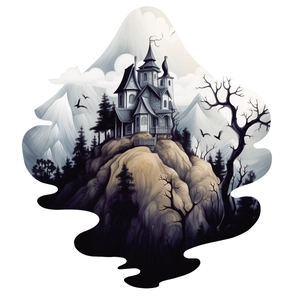 Gothic Halloween wall sticker featuring a Victorian castle on rocky cliffs with bats