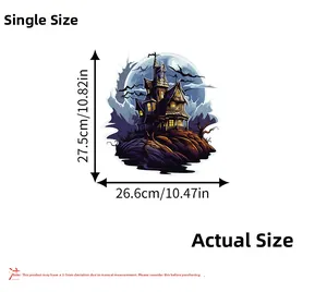 Detail view of Halloween castle wall sticker showing precise size 27.5cm by 26.6cm dimensions
