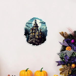 Halloween castle wall sticker with spooky haunted house and pumpkin festive decor