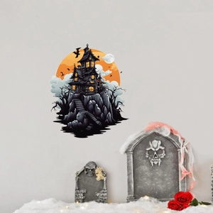 Adesivo murale Halloween con casa infestata, pipistrelli e luna piena decor