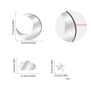 3mm 3D acrylic mirror wall stickers set with moon clouds and stars dimensions info