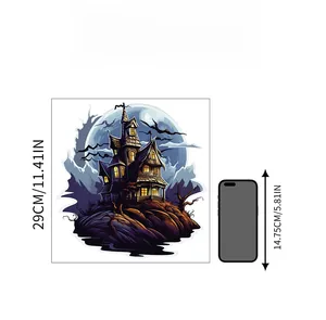 Macro scale view showing 29cm Halloween haunted house wall sticker next to a smartphone