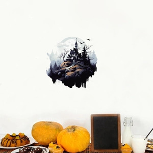 Halloween wall sticker with gothic castle bats and moon for spooky party room decoration