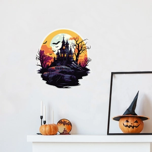 Spooky Halloween castle wall sticker with full moon and bats for party room decoration