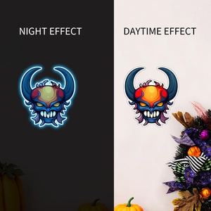 Glow in the dark Halloween demon wall sticker showing day and night effect comparison