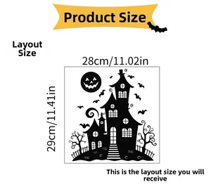 Detail showing Halloween wall sticker dimensions of 28x29cm with castle and bat designs