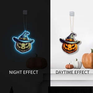 Luminous Halloween pumpkin pendant showing daytime and night glowing effects with hooks