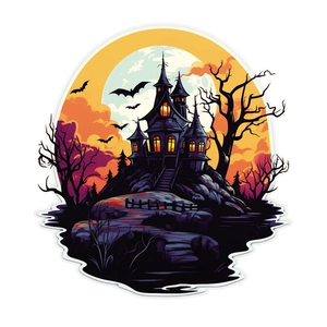 Halloween wall sticker with gothic castle, full moon and bats silhouettes for party decor