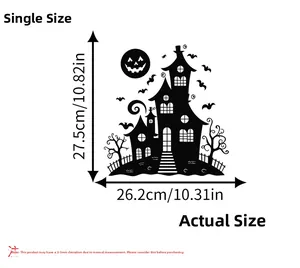 Detailed dimension layout of Halloween haunted castle wall decal with pumpkin and bats