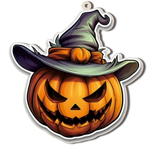 Halloween wooden pumpkin pendant with purple witch hat and orange ribbon on white background