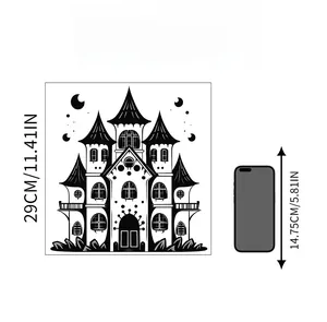 Size chart for Halloween dark castle wall sticker measuring 29cm alongside a phone scale