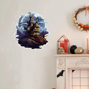 Halloween wall sticker featuring a haunted castle with full moon and flying bats decoration