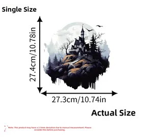 Detailed size chart for Halloween castle wall sticker measuring 27.4cm by 27.3cm