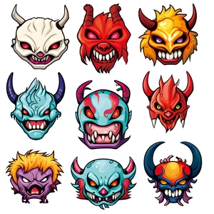 Luminous Halloween monster face stickers set with neon graffiti devil and demon designs