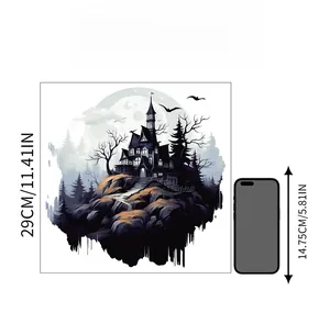 Halloween castle wall sticker size comparison showing 29cm dimensions next to a phone