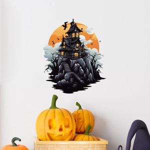 Adesivo da Parete Halloween Casa Stregata PVC Impermeabile Castello Horror Luna Pipistrelli Decalcomania per Soggiorno Camera Festa