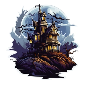 Halloween spooky castle wall sticker with haunted house, bats, and moon for party decor