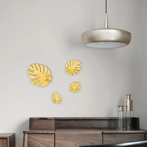 3D golden mirror monstera leaf wall stickers set of 4 for modern living room decor