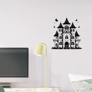 Gothic castle silhouette wall decal with moon and stars for Halloween home decoration