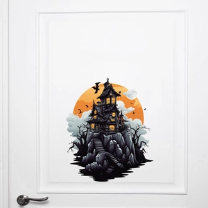 Adesivo murale di Halloween con castello infestato e luna piena su porta bianca
