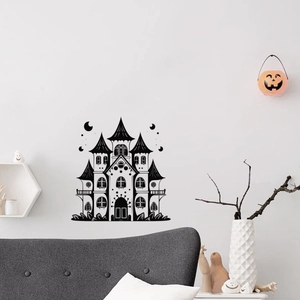Halloween black gothic castle wall sticker silhouette with moon for home decor
