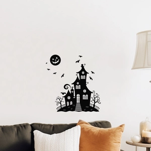 Halloween wall sticker featuring a dark castle silhouette, pumpkin moon, and bats for decor