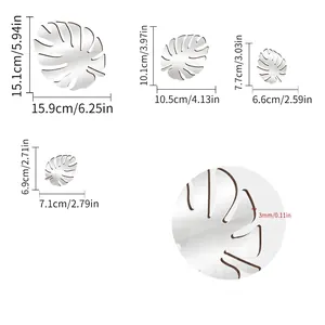 3D acrylic mirror wall stickers in monstera leaf shapes with detailed size measurements