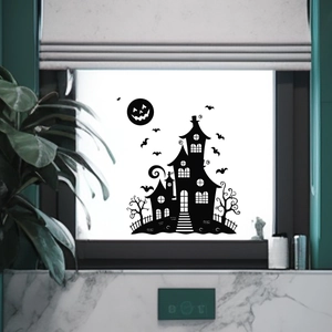 Halloween window sticker featuring a dark gothic castle silhouette with bats and pumpkin moon