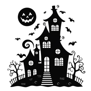 Halloween silhouette wall sticker with gothic castle bats and pumpkin moon decor
