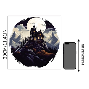 Detail of round Halloween castle wall sticker showing a 29cm diameter dimension guide