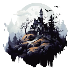 Halloween wall sticker featuring a gothic haunted house on cliff with full moon and bats