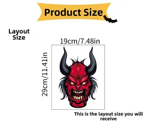 Detail showing dimensions of red and black devil demon sticker for Halloween decoration