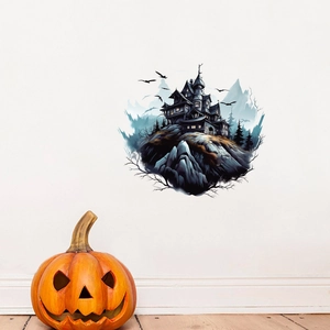 Halloween wall decal featuring dark castle and bats on a white wall with pumpkin decor