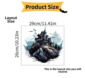 Detail view of Spooky Halloween Castle wall decal with bats and size dimensions 29x26cm
