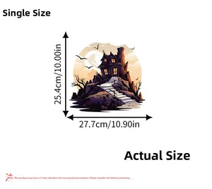 Detail view of Halloween castle wall sticker showing precise size of 25.4 by 27.7 cm